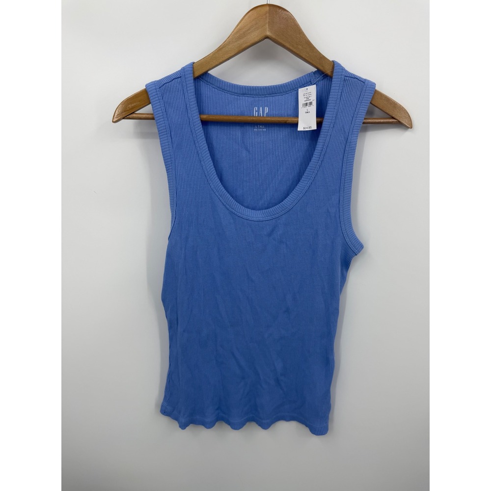 Gap Modern Ribbed Tank Top Women L Tall Shirting Blue Sleeveless Scoop Neck NEW